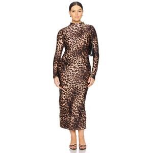 Good American Satin Shine Funnel Neck Midi Bodycon Dress in Leopard sz XL NWT